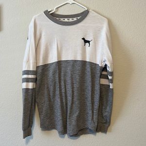 white and gray Victoria secret pink long sleeve shirt